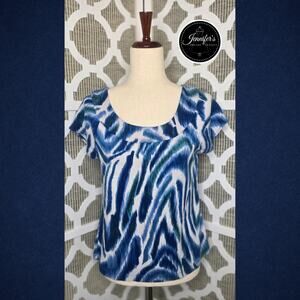 Rafaella Petite White Blue Green Scoop Neck Cap Sleeve Knit Top Size PL